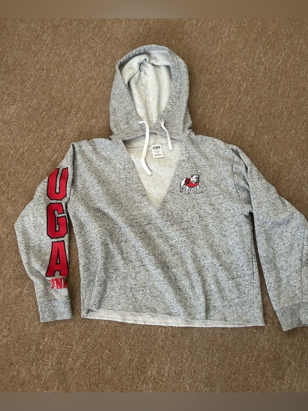 PINK Victoria's Secret Gray V‑Neck Hoodie with Red UGA Sleeve